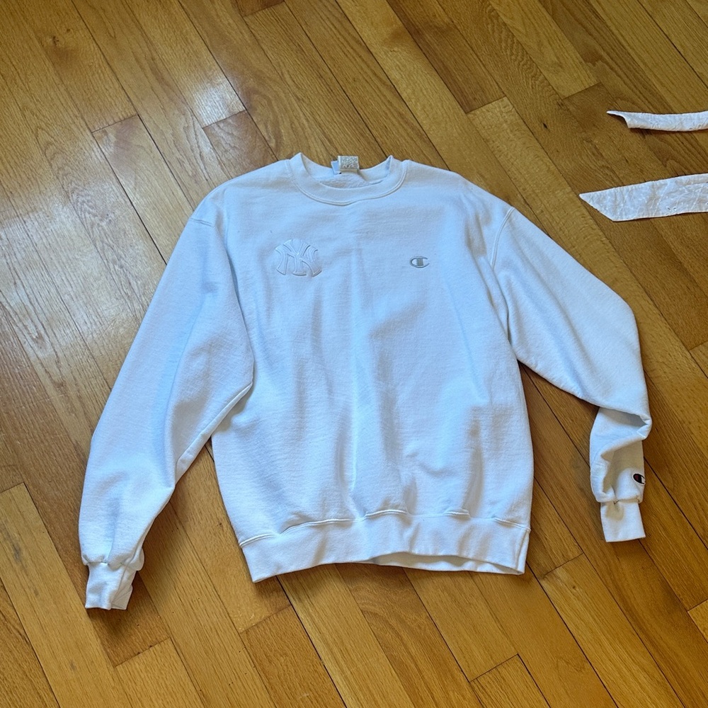Champion White Crew Sweatshirt with Subtle Embroidered Logos